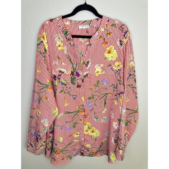 Calvin Klein Shirt Womens 3X Red White Stripe Floral Blouse Long Sleeve V Neck - Picture 1 of 5